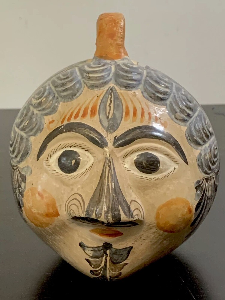 Tonala Mexican Face Piggy Bank Folk Art Terra Cotta Pottery 1960s Vintage 6.5” H
