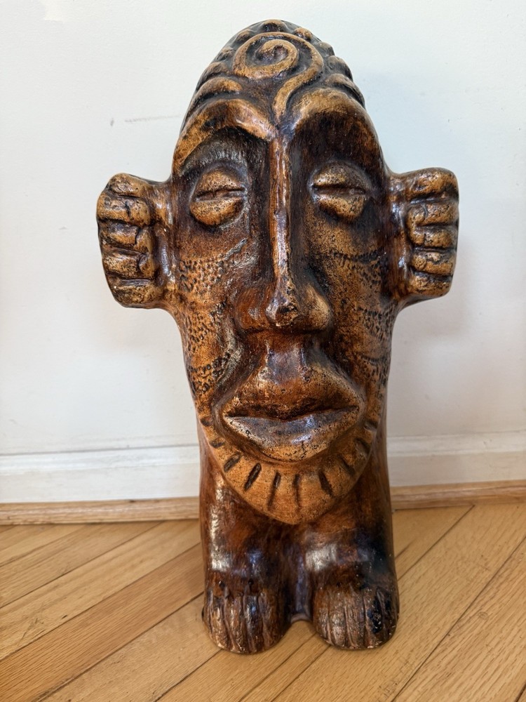 17-inch Mexican Folk Art Clay Bust Statue Handmade Ceramic Decor Erandi Pottery