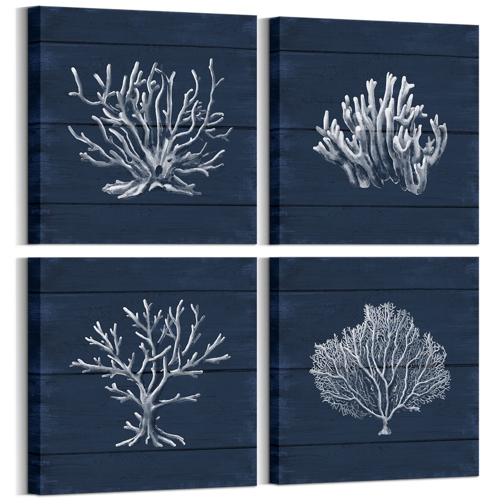 Coral Canvas Wall Art Prints Ocean Navy Blue Coastal Artwork Beach Home Decor...