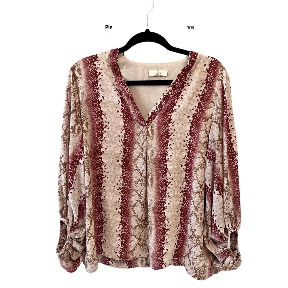 ENTRO Women’s Tunic Top Blouse Pink Snake Print Size M V Neck Balloon Sleeve