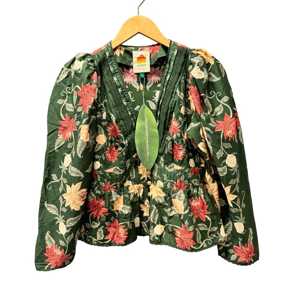 Farm Rio Blouse Womens XS Green Pineapple Garden Boho V-Neck Organic Cotton NEW