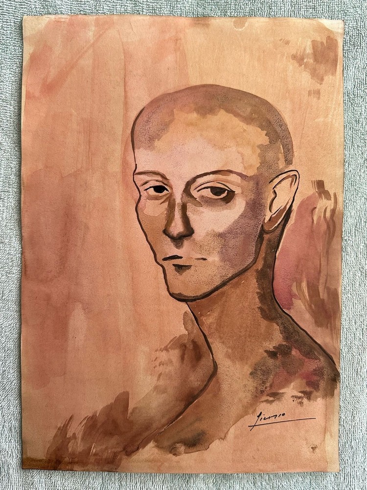 PICASSO drawing and painting on old paper signed stamped vintage