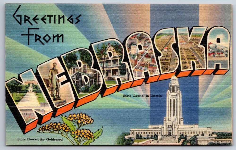 Greetings From Nebraska~State Capitol & Flower~Large Letter Vtg Linen Postcard