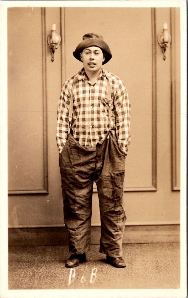 RPPC Postcard Young Man Bob Costume Rodeo Clown Hobo Play Character        23156