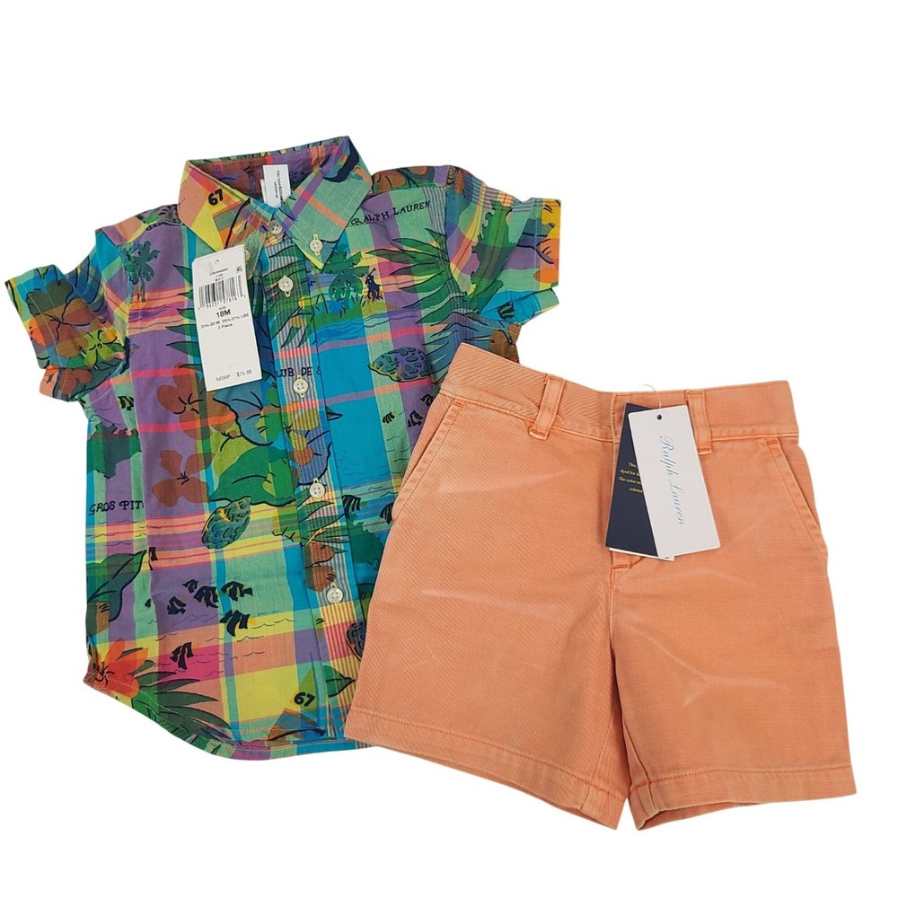 Ralph Lauren Baby Boys Tropical Plaid Shirt & Peach Chino Shorts Set 18M 2-Piece
