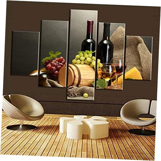 5 Piece Canvas Wall Art Red Wine Bottles Wooden Barrel Green Vineyard Decor