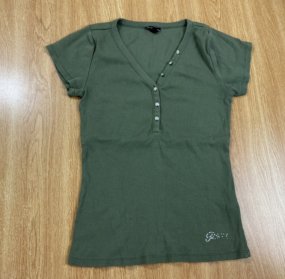 GUESS Ribbed Rhinestone V-Neck Baby Tee Green Y2K Size M