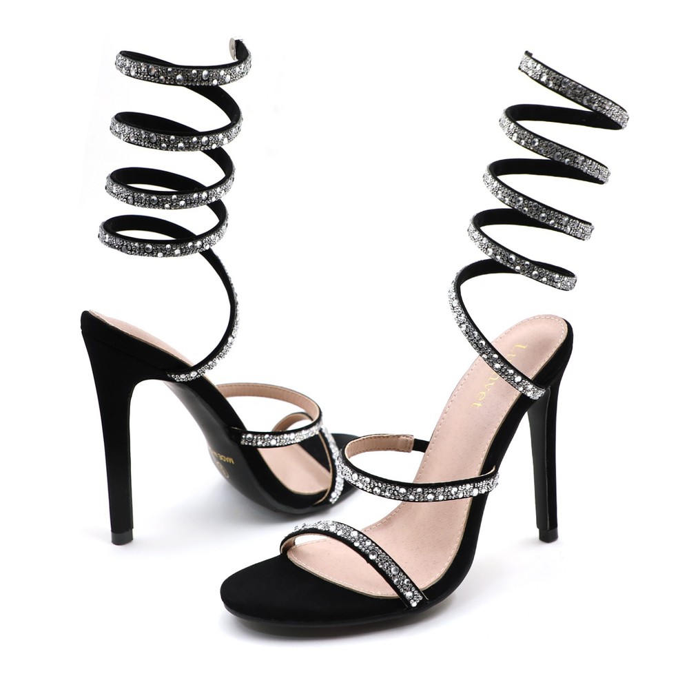 Lurnyet Women's Rhinestone Spiral Ankle Wrap High Heel Sandal