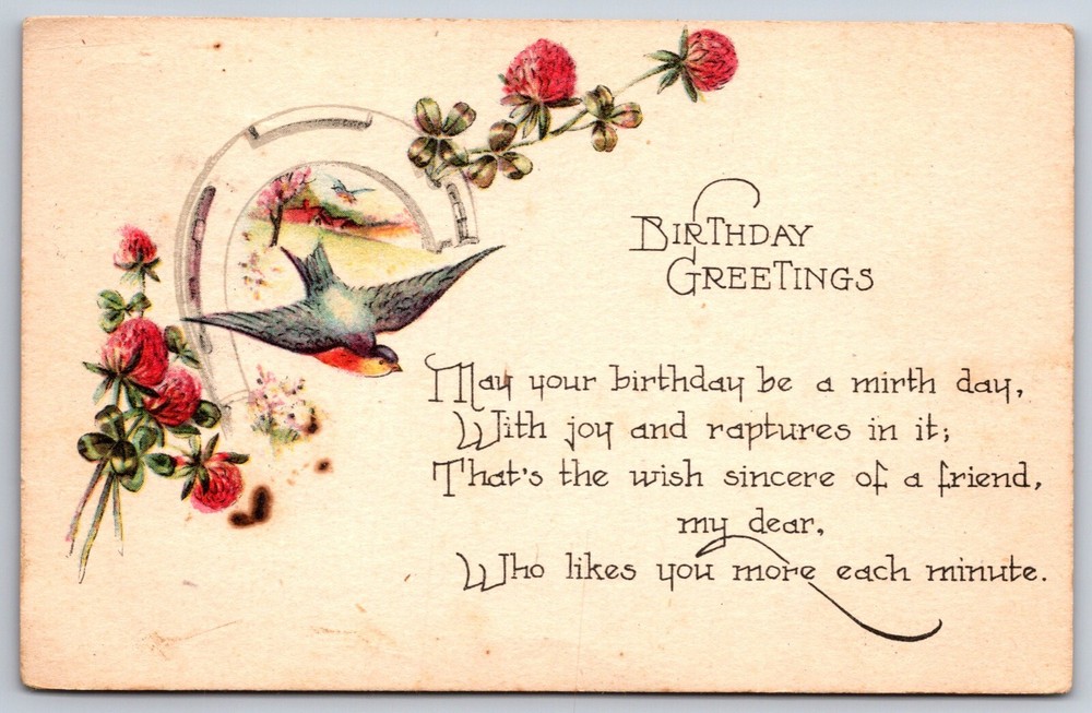 Greetings~Blue Bird Red Flowers Birthday Greeting Poem~Vintage Postcard