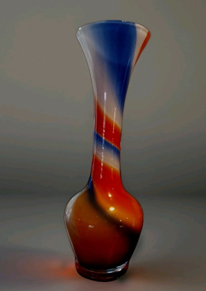 Vintage MCM Hand-Blown Murano-Style Swirl Glass Vase - Blue Orange & White