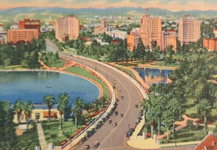 Wilshire Blvd & Westlake Park Los Angeles CA California VTG Linen Postcard