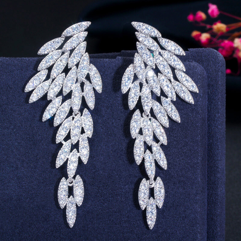Women Chunky Silver Plated Cubic Zirconia Long Wing Drop Earrings Bridal Jewelry