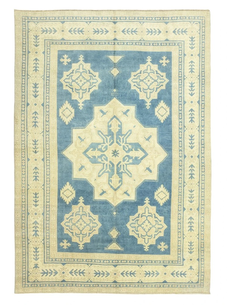 Hand-Knotted Turkish Oushak Rug | Ivory & Indigo Blue Geometric Medallion Area