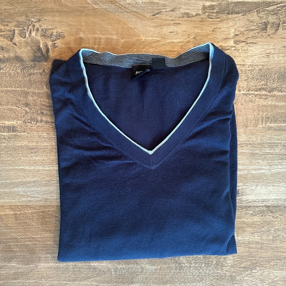 Hugo Boss Sweater XL Navy Blue Cotton Wool V-Neck Pullover Slim Fit Men's