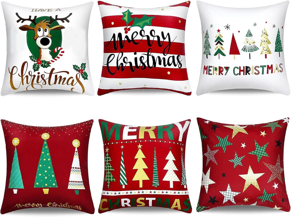 6 Christmas Pillow Covers Featuring Merry Christmas Tree Reindeer Designs