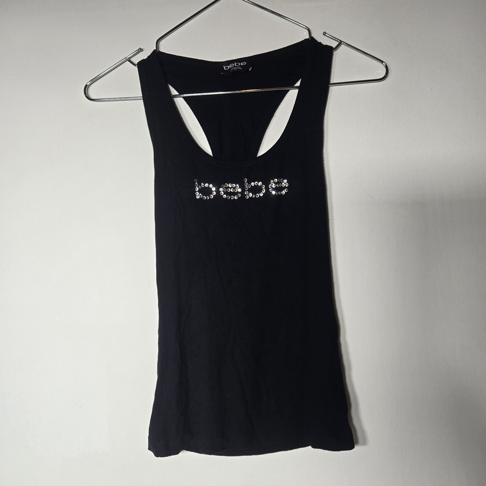 bebe Women's Small Black Ribbed Racerback Tank Top Rhinestone Logo Shirt AS-IS