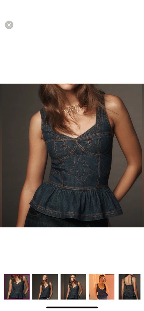 Anthropologie Pilcro Women’s Denim Embroidered Peplum Top Size Large