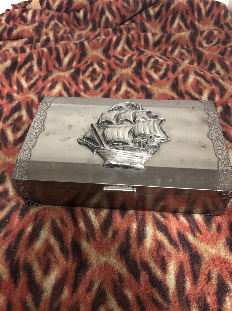 Raised Sailboat Steel Trinket Box Vintage Made In Japan