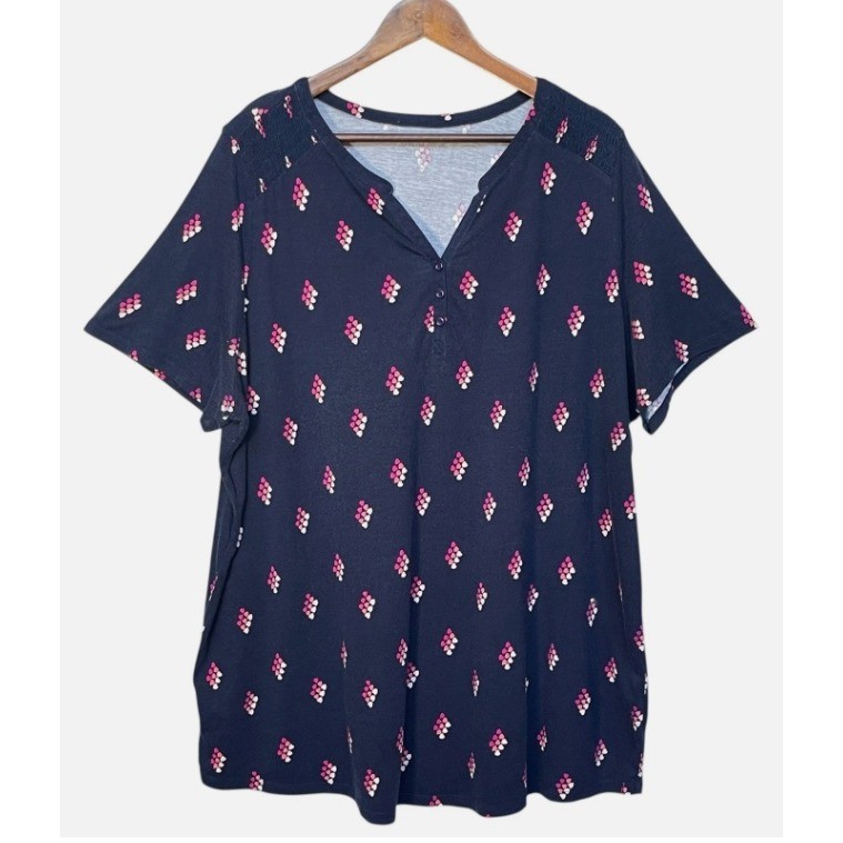 Woman Within Navy Blue Pink Heart Print Smocked Henley Tunic Top 2X 26/28