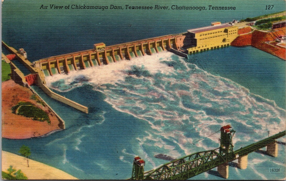 Air View Of Chickamauga Dam & River Chattanooga Tenn Linen Postcard c1945