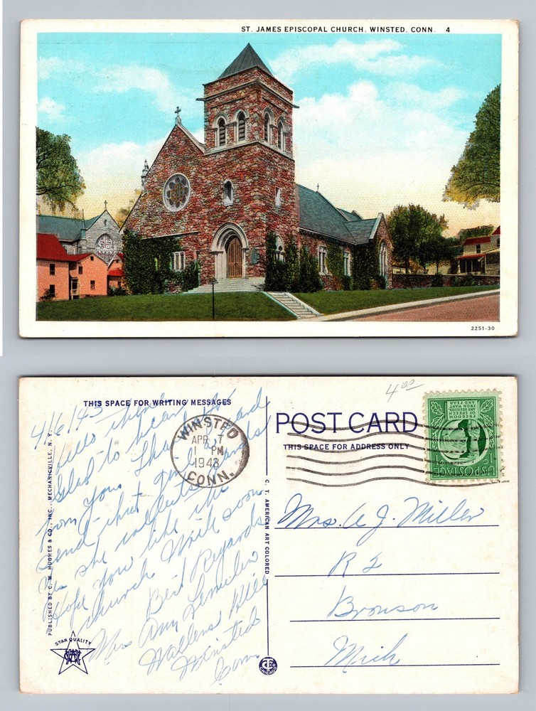 Winsted, CT-Connecticut, St. James Church Scene c1948 PC Vintage Postcard