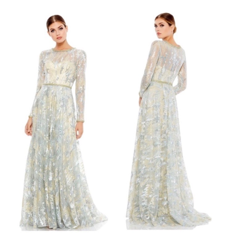 NWT Mac Duggal Long Sleeve Embellished Mesh Gown in Platinum 12460 Sz 8 Wedding