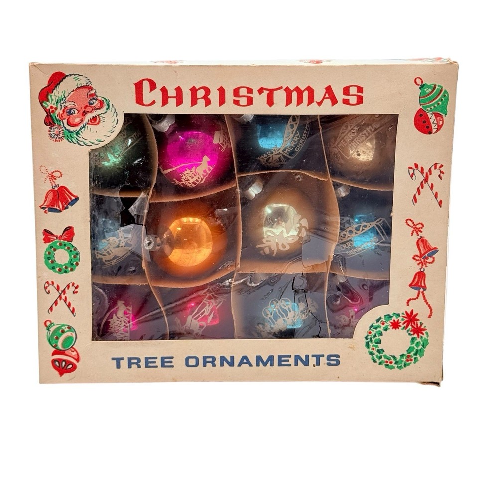 Vintage Stencil Glass Christmas Tree Ornaments In Original Box Sleigh Poland