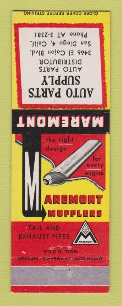 Matchbook Cover - Maremont Mufflers Auto Parts San Diego CA