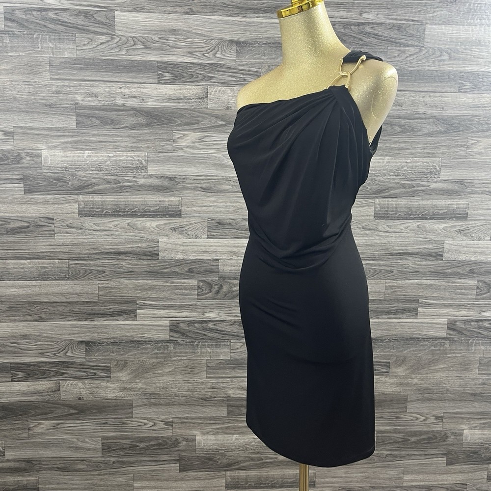 Michael Kors Women’s M Black One-Shoulder Cocktail Dress Gold Ring Detail