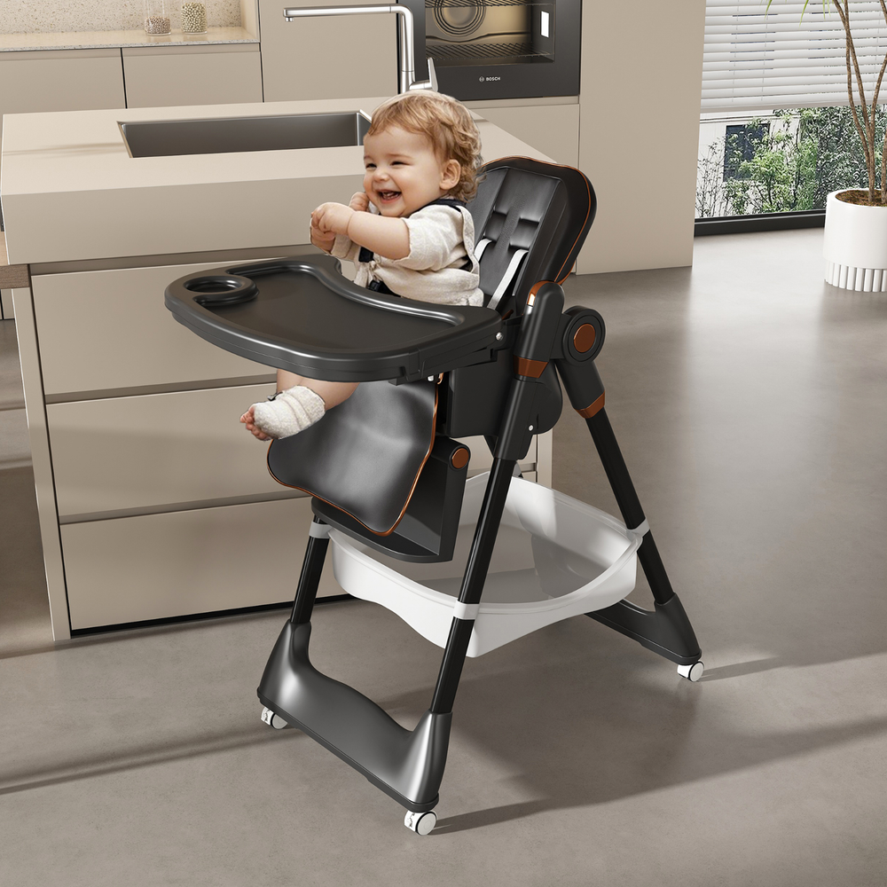 Portable adjustable baby high chair with seat belt in black