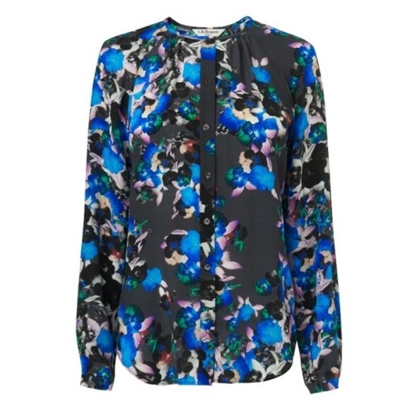 LK Bennett Size 12 Black & Blue Floral Poppy Silk Long Sleeve Button Down Blouse