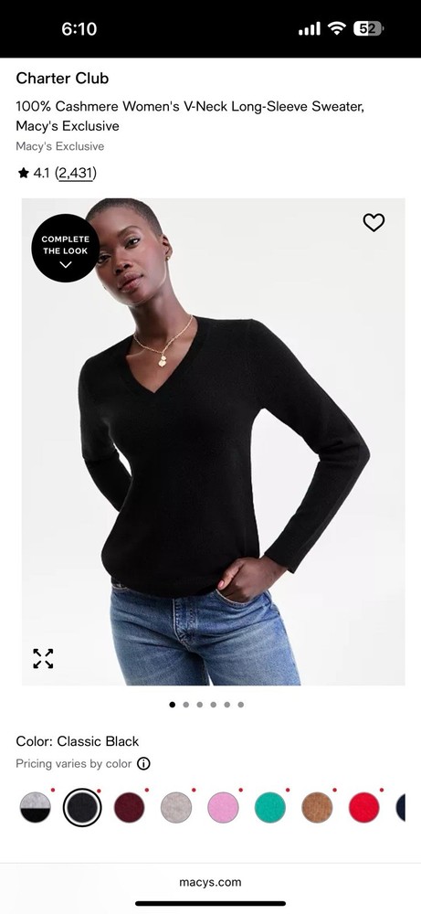 Charter Club Women’s Black V-Neck Long-Sleeve 100% Cashmere Sweater