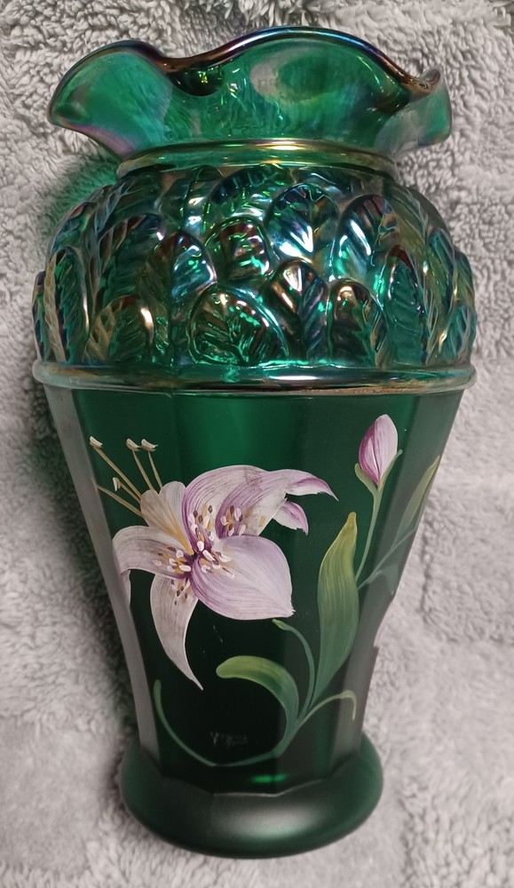 Fenton Iridescent Green Lily Hand Painted Floral Designer Showcase Vase