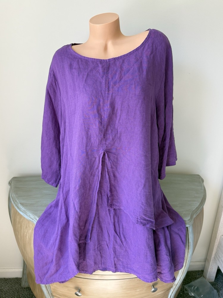 Italian Linen Lagenlook Tunic Dress 1X Womens Purple Boho Oversized Flowy Saga