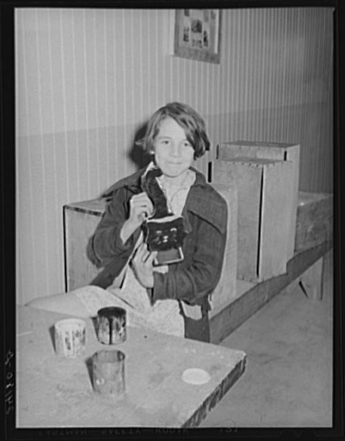 Photo:Visalia California 1940 Girl Working in Tulare Migrant Camp Woodshop