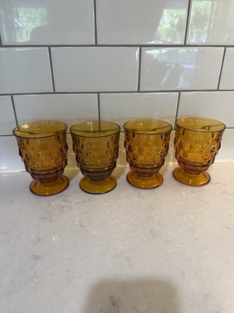 Vtg Set Of 4 Indiana Glass Amber Whitehall Cubist 4.5 In. Footed Glasses