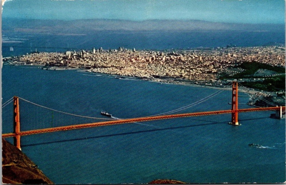 1955 Golden Gate Bridge San Francisco Aerial View Mirro-Krome Postcard