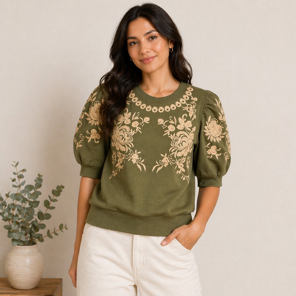 Anthropologie Sage Green Embroidered Floral Puff Sleeve Sweatshirt Extra Sm Boho