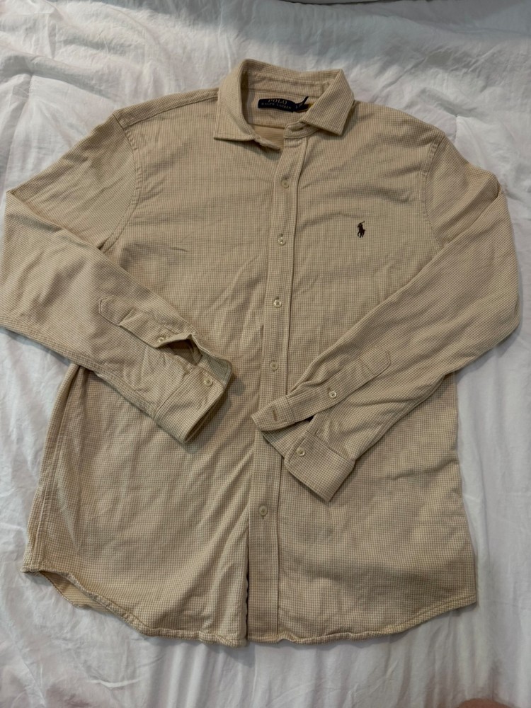 Polo Ralph Lauren Button-Up Shirt Men's L Cream Houndstooth Long Sleeve Cotton