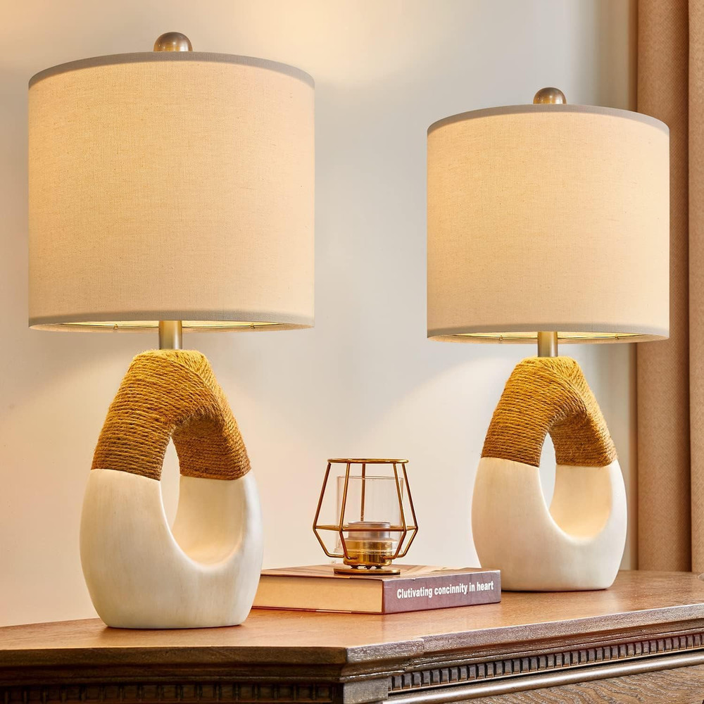 19'' Small Boho Table Lamps for Bedroom Set of 2, Farmhouse Rattan Bedroom Lamps