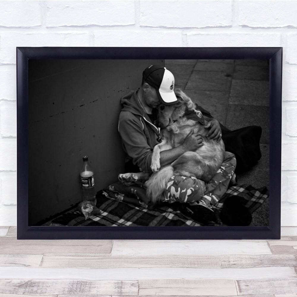 Love Street Dog Person B&W Embrace Hug Hat Mood Emotion Wall Art Print