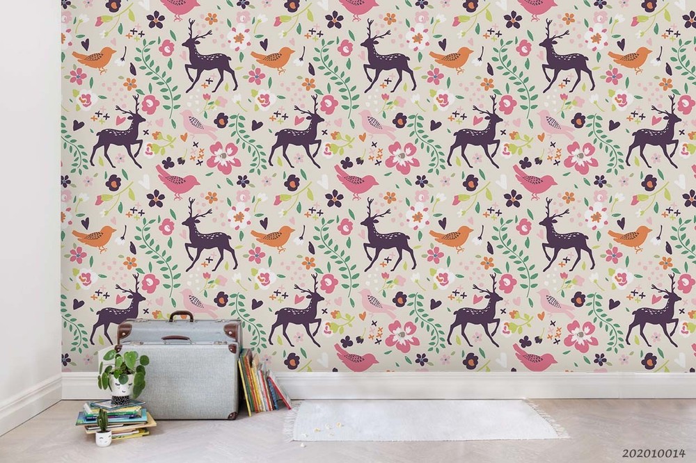 3D Deer Bird Flower Pattern Wall Murals Wallpaper Murals Wall Sticker
