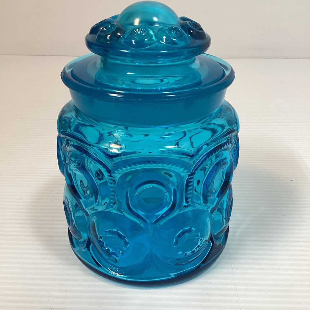 Vintage L.E. Smith Moon & Stars Blue Glass Canister 7” Tall With Lid