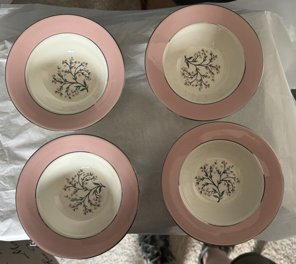 Set of 4 Homer Laughlin Vintage Egg Shell China Cavalier w Pink Rim Cereal Bowls