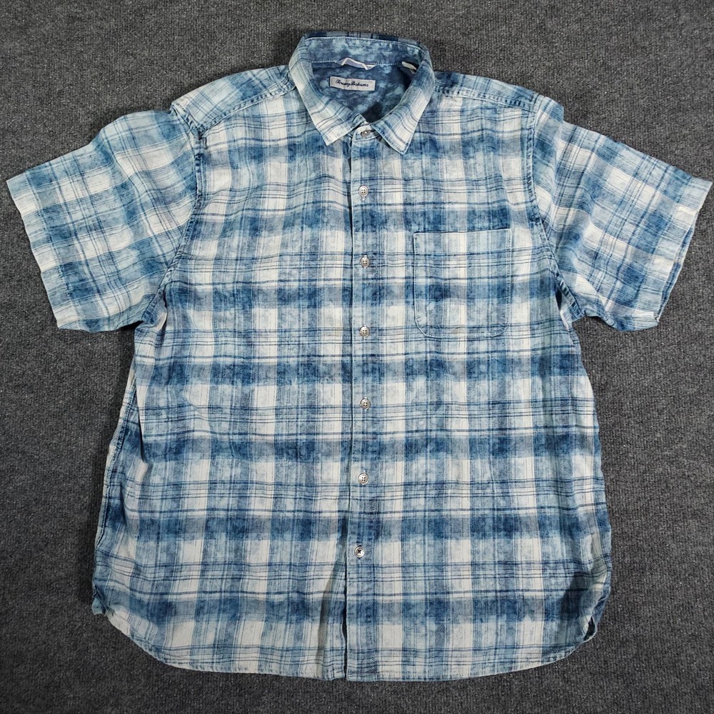 Mens Tommy Bahama Plaid Button Up Short Sleeve Shirt Blue WhiteMens XL
