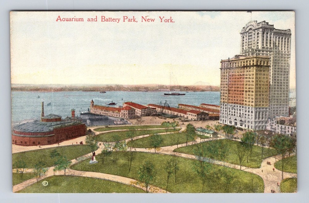New York City NY, Aquarium and Battery Park, Whitehall Building Vintage Postcard