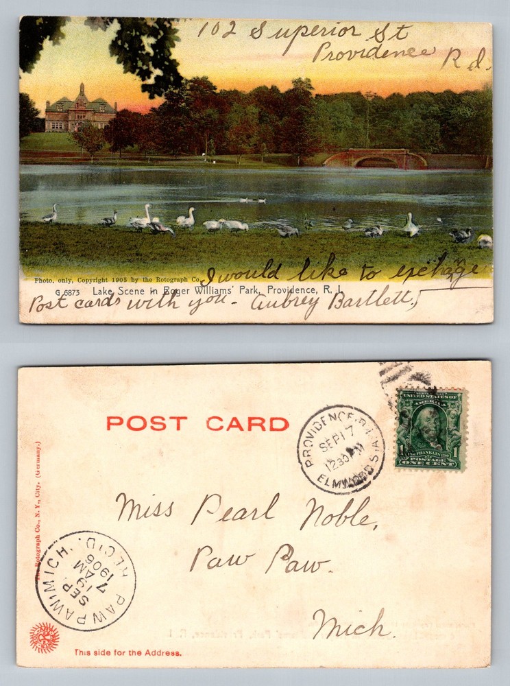 Providence, RI-Rhode Island, Roger Williams Park & Lake Vintage c1906 Postcard