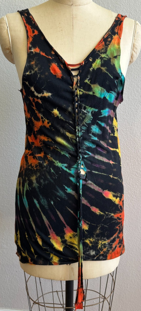 Cali Kind Tie Dye Soft Stretchy Tank Top Tie Front XL GUC Boho Hippie Festival