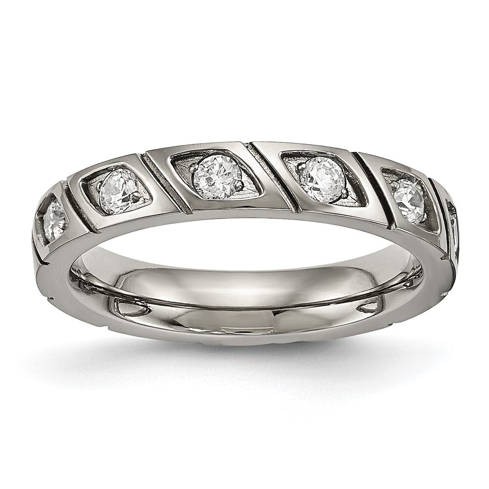 Titanium Polished Cubic Zirconia 4mm Grooved Band Ring Size 12 for Men 2.59gm