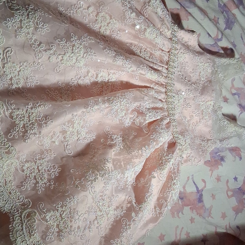 Girls Pink White Floral  Gown Sleeveless Dress with Pearls, Formal